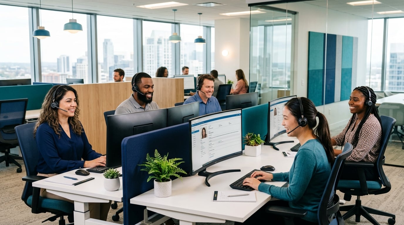 FPE patient engagement specialists with headsets in a modern call center